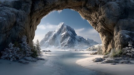 A quiet Antarctic moment, featuring a massive arch-shaped iceberg surrounded by silvery water, shimmering under the cold sun, with delicate icicles and snow-covered hills in the distance.