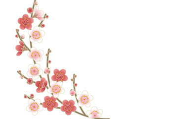 華やかに咲く梅の花の枝と蕾の和風ベクターイラスト｜梅の花, 梅の枝, 和柄, 花柄, 和風, 春, フラワーデザイン, 紅梅,白梅, 自然, 季節の花