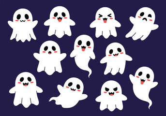 Vector art of collection of adorable halloween ghosts a whimsical assortment of cartoon ghosts with various expressions, perfect for adding a playful touch to your spooky season designs