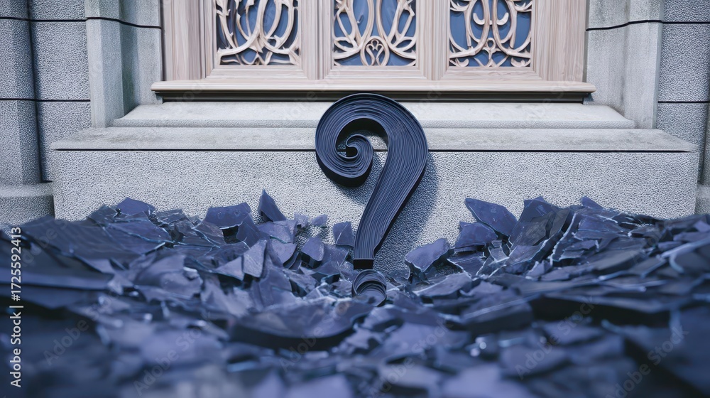 Poster dark gothicanti‑design question mark concept. mystical scene with a curled decoration and shattered 