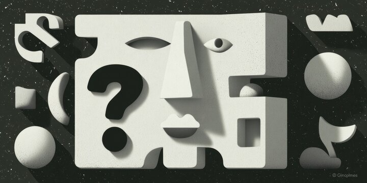 Dark GothicAnti‑design Question Mark concept. Abstract face with question mark and geometric shapes on textured background.