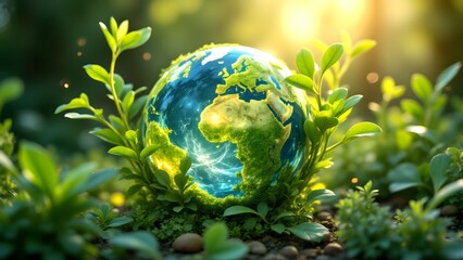 Vibrant Earth Globe Surrounded by Lush Green Leaves and Plants