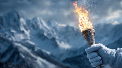 A white-gloved hand holds the burning Olympic torch against a backdrop of snow-capped mountains, a concept of the Winter Olympics in Italy.