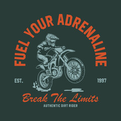 Vintage motocross illustration of a rider on a dirt bike kicking up dust. Retro hand-drawn style with textured details, perfect for T-shirts, posters, stickers, or merchandise