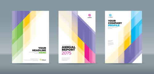 Editable A4 book template of vibrant corporate annual report and company profile cover design featuring dynamic abstract geometric line patterns in purple, yellow, pink, and green