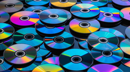 Vibrant array of compact discs reflecting iridescent light