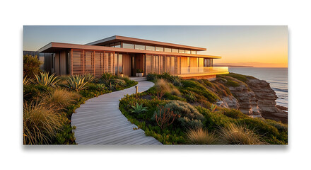 Modern house on a cliff overlooking the ocean at sunset with a winding path