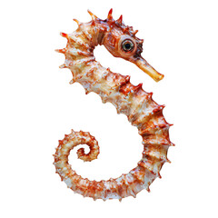 A beautifully detailed seahorse with intricate textures and colors. its unique anatomy and features. set against a clean white background. ideal for marine life education or decoration