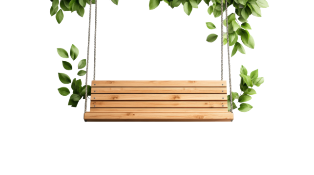 Wooden Garden Swing with Green Leaves on Transparent Background