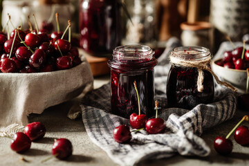 Cherry preserves in jars on rustic wooden shelf &mdash; cozy kitchen still life with home canning