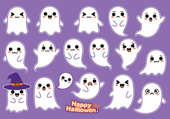 Vector art of collection of adorable halloween ghosts a whimsical assortment of cartoon ghosts with various expressions, perfect for adding a playful touch to your spooky season designs