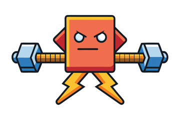 Cartoon strong square character lifting heavy dumbbell with angry expression shows power