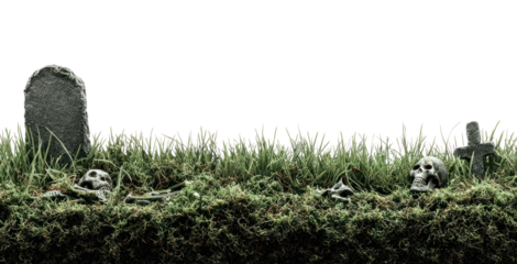 PNG Eerie graveyard scene with skulls.