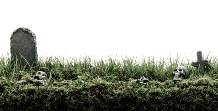 PNG Eerie graveyard scene with skulls.