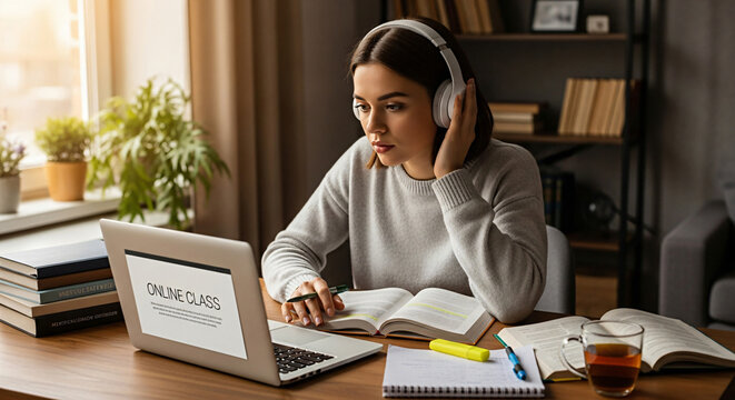 Woman Attending Online Class Wearing Headphones and Taking Notes