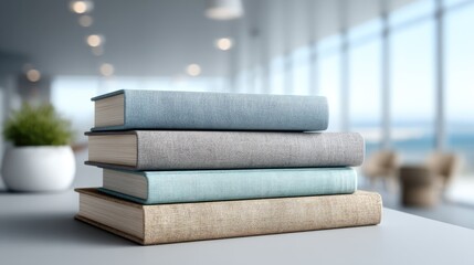 Stack of Textured Books on Desk in Bright Modern Office Space