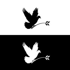 Dove icon. Black silhouette of a flying dove carrying an olive branch on a white background. Symbol of peace. Religious icon. Vector illustration