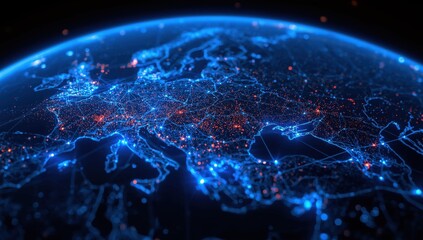 A detailed map of Europe and Asia, highlighting interconnected global cities and networks.