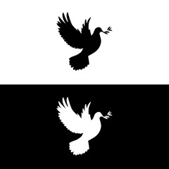 Dove icon. Black silhouette of a flying dove carrying an olive branch on a white background. Symbol of peace. Religious icon. Vector illustration