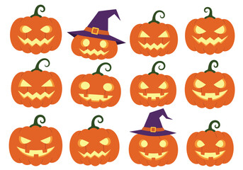 Vector art of a vibrant halloween display featuring a collection of carved pumpkins with various spooky and smiling faces, some adorned with witch hats, , creating a festive and playful atmosphere