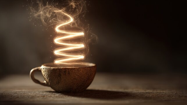 longevity. Vintage coffee cup with an infinite glowing spiral, symbolizing longevity and ritual. bar promotions, beverage menus, designed for food & beverage menus and cafe branding.