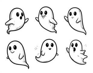 A collection of cute ghost characters in a hand-drawn cartoon style, with various poses and expressions, perfect for Halloween, kids' projects, or sticker designs.