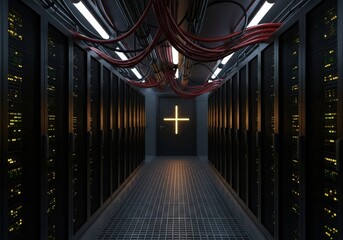 A futuristic server room with glowing lights and cables, symbolizing data and technology