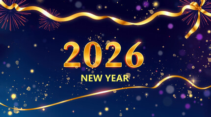 Fototapeta premium Elegant 2026 New Year Celebration: Gold Ribbons, Fireworks, Festive Design