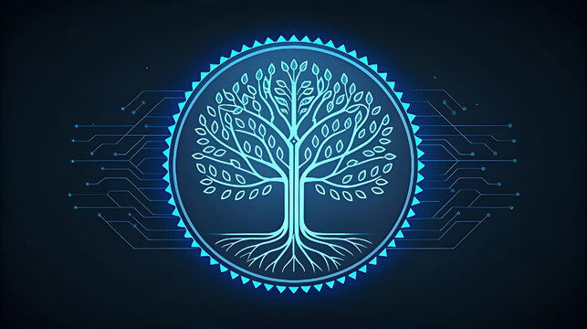 Glowing neon blue mandala tree with circuit board elements