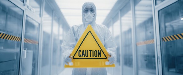 The Hazmat Worker Holding a Yellow Caution Sign in Sterile Laboratory Corridor