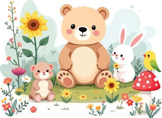 Naklejka premium Cute woodland scene with bear, rabbit, bird, mushrooms, and wildflowers in colorful cartoon style for nature-themed design