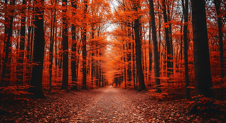 Autumn forest landscape with orange leaves on trees and ground nature fall season scenery background image