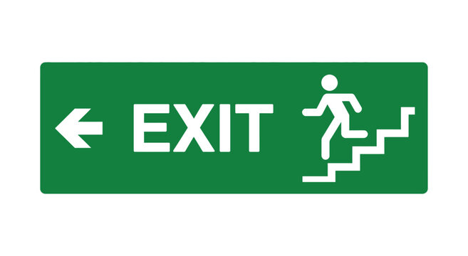Green exit sign with white text and a pictogram of a person climbing stairs to the right