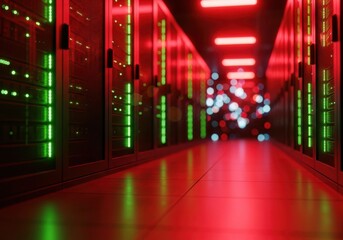 A futuristic server room with rows of glowing green and red lights, creating a dramatic and hightech atmosphere