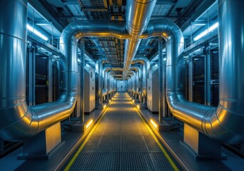 A futuristic server room with large pipes and blue and yellow lighting, showcasing advanced technology and infrastructure
