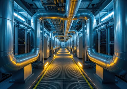 A futuristic server room with large pipes and blue and yellow lighting, showcasing advanced technology and infrastructure