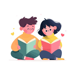 Happy boy and girl joyfully reading books together, sitting close.