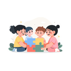 Happy children collaboratively assembling a large colorful jigsaw puzzle together.