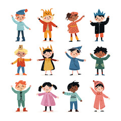 Twelve diverse children joyfully pose in various colorful costumes, arms raised.
