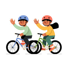 Two children, wearing helmets, wave while happily riding bicycles.