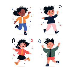 Happy diverse children joyfully dancing and singing together.
