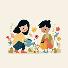 Two children joyfully water a vibrant flower garden together.