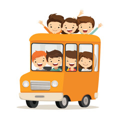 Happy children enjoying a cheerful bus ride, waving and smiling.