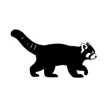 Black silhouette of a red panda walking, isolated on white background