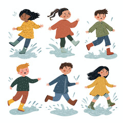Happy children joyfully splashing in puddles wearing rain boots.