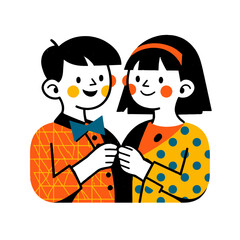 Happy boy and girl, smiling, close together, friendship, cheerful illustration.