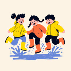 Three joyful children in raincoats playfully jump in a puddle.