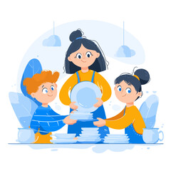 Happy children helping with chores, collaboratively stacking clean dishes together.