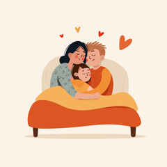 Loving family embracing child warmly in bed, showing affection and togetherness.