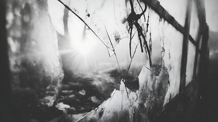 Broken Glass with Sunlight Glinting Through in Black and White Artistic Composition